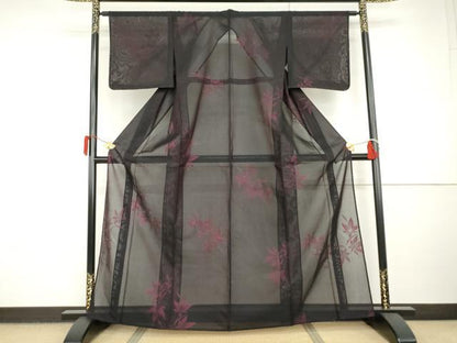 平和屋着物＊夏物　小紋　風通紗　草花文　黒地　正絹　逸品　未使用　AABI8122cs