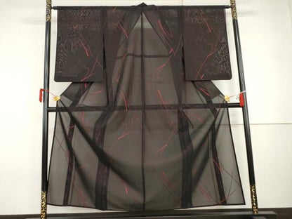 平和屋着物＊夏物　小紋　風通紗　枝木文　黒地　正絹　逸品　AABI8136cs