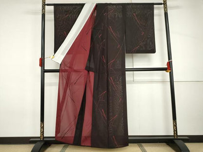 平和屋着物＊夏物　小紋　風通紗　枝木文　黒地　正絹　逸品　AABI8136cs