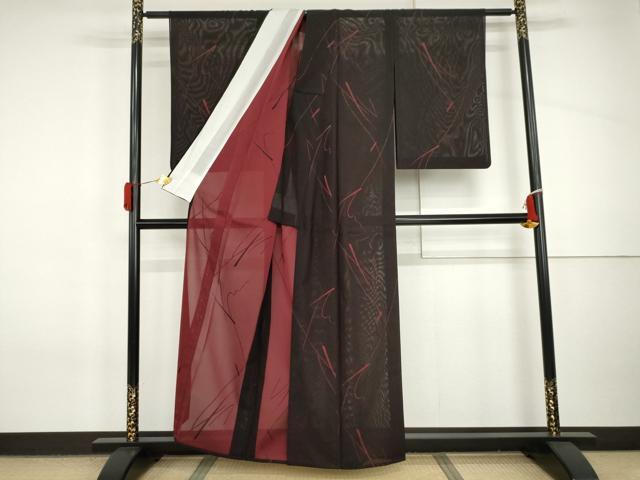 平和屋着物＊夏物　小紋　風通紗　枝木文　黒地　正絹　逸品　AABI8136cs