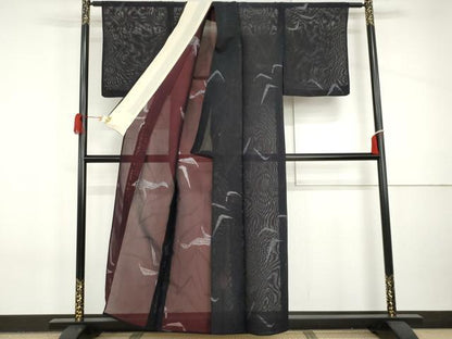 平和屋着物＊夏物　小紋　紗　枝葉文　銀糸　正絹　逸品　AABI8138cs