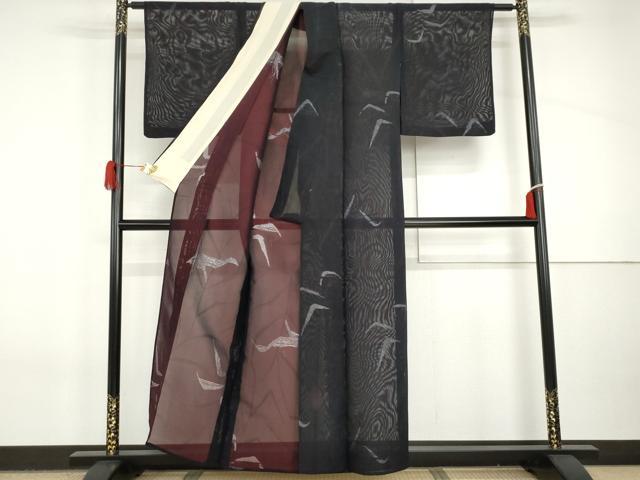 平和屋着物＊夏物　小紋　紗　枝葉文　銀糸　正絹　逸品　AABI8138cs