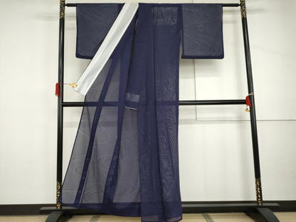 平和屋着物＊夏物　色無地　絽　流水紋紗　紺藍色　洗える着物　AABI8142cs