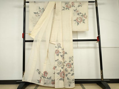 平和屋着物＊夏物　紗紬　訪問着　草花文　正絹　逸品　AABI8148cs