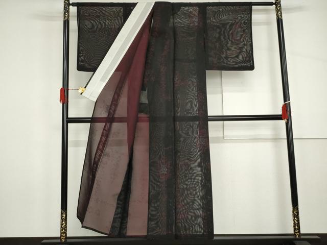 平和屋着物＊夏物　小紋　紗　洋花文　黒地　正絹　逸品　AABI8157cs