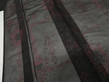 平和屋着物＊夏物　小紋　紗　洋花文　黒地　正絹　逸品　AABI8157cs
