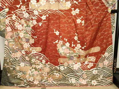 平和屋着物●振袖　駒刺繍　扇面吉祥花文　金彩　未使用　AABI8163ck