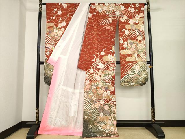 平和屋着物●振袖　駒刺繍　扇面吉祥花文　金彩　未使用　AABI8163ck