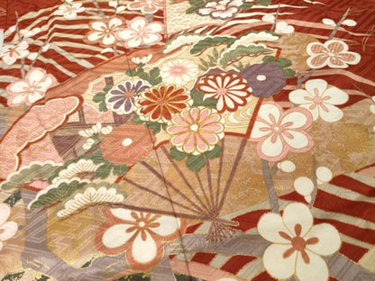 平和屋着物●振袖　駒刺繍　扇面吉祥花文　金彩　未使用　AABI8163ck