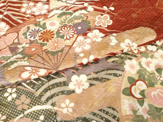 平和屋着物●振袖　駒刺繍　扇面吉祥花文　金彩　未使用　AABI8163ck