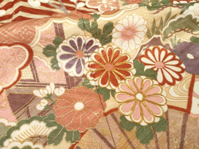 平和屋着物●振袖　駒刺繍　扇面吉祥花文　金彩　未使用　AABI8163ck