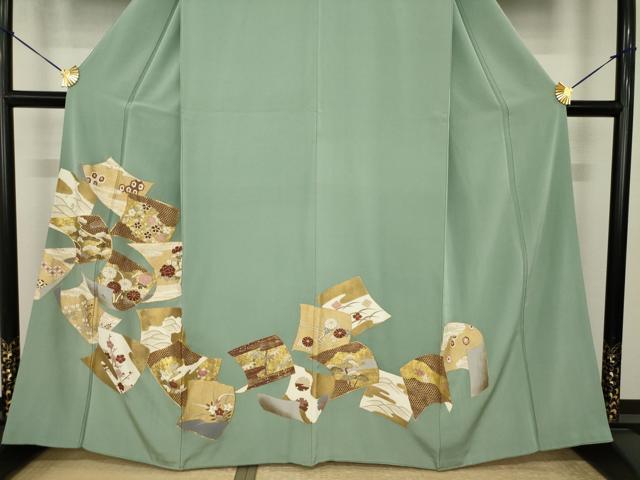 平和屋着物●豪華色留袖　駒刺繍　色紙重ね花文　金彩　正絹　逸品　AABI8203ck