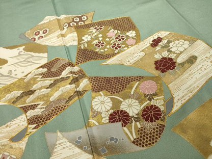 平和屋着物●豪華色留袖　駒刺繍　色紙重ね花文　金彩　正絹　逸品　AABI8203ck