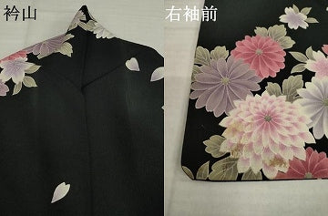 平和屋着物●小紋　舞花文　黒地　ロング丈　洗える着物　AABI8204ck
