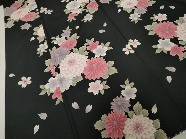 平和屋着物●小紋　舞花文　黒地　ロング丈　洗える着物　AABI8204ck