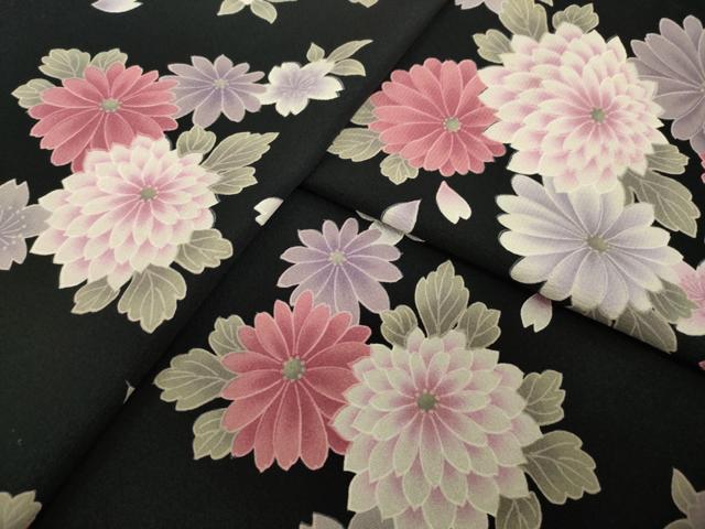 平和屋着物●小紋　舞花文　黒地　ロング丈　洗える着物　AABI8204ck