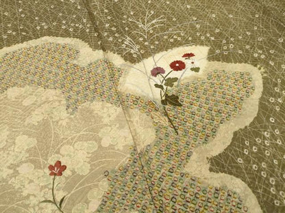 平和屋着物●訪問着　絞り　刺繍　雲重ね地紙花文　金彩　正絹　逸品　AABI8206ck
