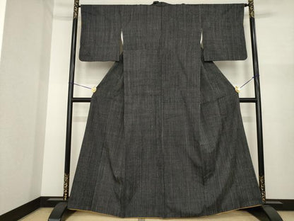 平和屋着物●上質な紬　縞　黒地　正絹　逸品　AABI8210ck
