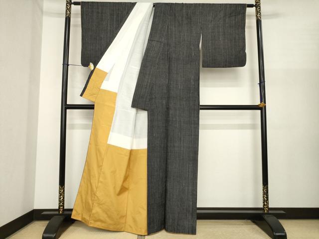 平和屋着物●上質な紬　縞　黒地　正絹　逸品　AABI8210ck
