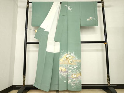 平和屋着物●訪問着　駒刺繍　地紙花文　暈し染め　金彩　正絹　逸品　AABI8215ck