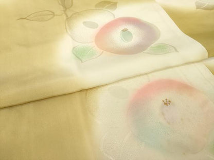 平和屋着物●振袖用長襦袢　袷　椿　暈し染め　金彩　ますいわ屋扱い　半衿刺繍　正絹　逸品　AABI8232ck