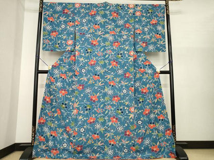 平和屋着物●上質な小紋　紅型　花蔦草文　鬼しぼ縮緬　ロング丈　正絹　逸品　AABI8233ck
