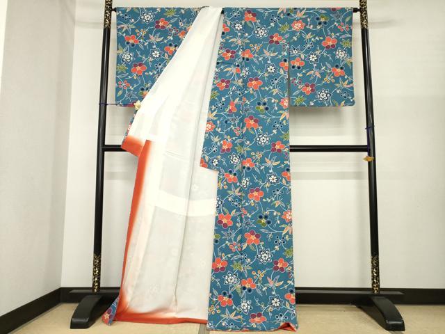 平和屋着物●上質な小紋　紅型　花蔦草文　鬼しぼ縮緬　ロング丈　正絹　逸品　AABI8233ck