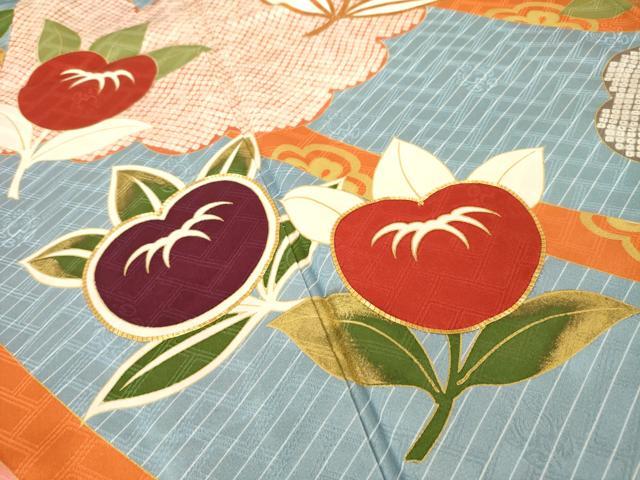 平和屋着物●十日町老舗ブランド　吉澤友禅　吾妻徳穂　振袖　駒刺繍　橘文　金彩　正絹　逸品　AABI8236ck