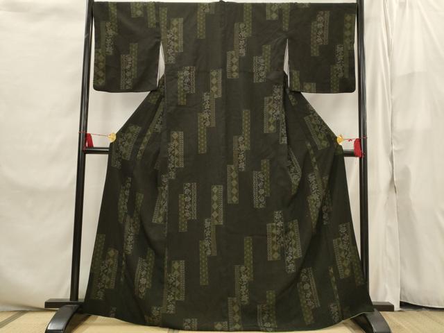 平和屋着物■小紋 短冊花文 黒地 洗える着物 AABI8249st