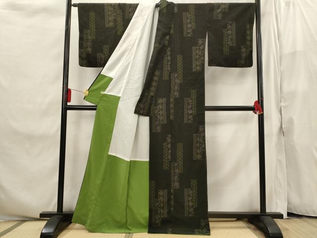 平和屋着物■小紋 短冊花文 黒地 洗える着物 AABI8249st