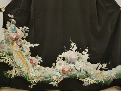 平和屋着物■豪華黒留袖　刺繍　花鳥文　金銀糸　金銀彩　正絹　逸品　AABI8260st