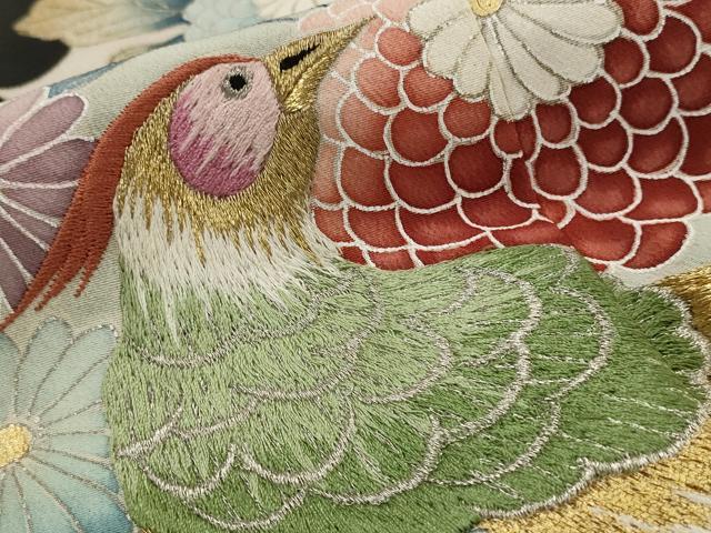 平和屋着物■豪華黒留袖　刺繍　花鳥文　金銀糸　金銀彩　正絹　逸品　AABI8260st