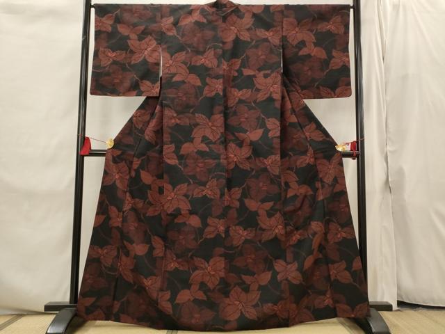 平和屋着物■上質な紬　枝花文　黒地　正絹　逸品　AABI8272st