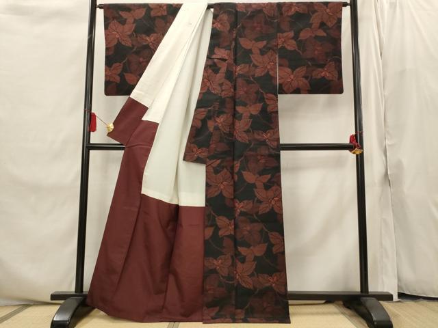 平和屋着物■上質な紬　枝花文　黒地　正絹　逸品　AABI8272st