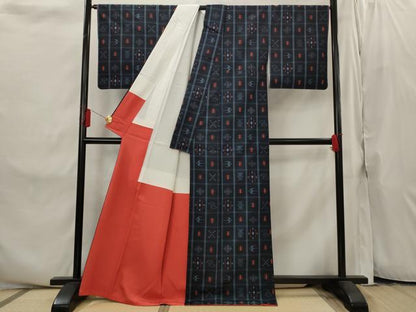 平和屋着物■黄八丈　紬　琉球絣文様　証紙付き　正絹　逸品　AABI8291st