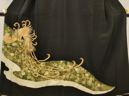 平和屋着物■豪華黒留袖　駒刺繍　鳳凰枝梅文　金銀糸　金彩　正絹　逸品　AABI8296st