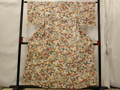 平和屋着物■上質な小紋　型染め　扇尽くし　鬼しぼ縮緬　正絹　逸品　AABI8308st