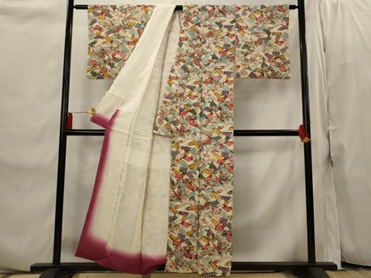 平和屋着物■上質な小紋　型染め　扇尽くし　鬼しぼ縮緬　正絹　逸品　AABI8308st
