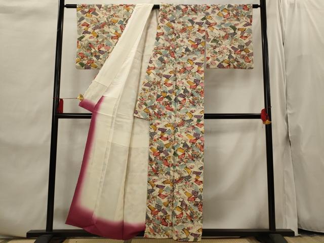 平和屋着物■上質な小紋　型染め　扇尽くし　鬼しぼ縮緬　正絹　逸品　AABI8308st