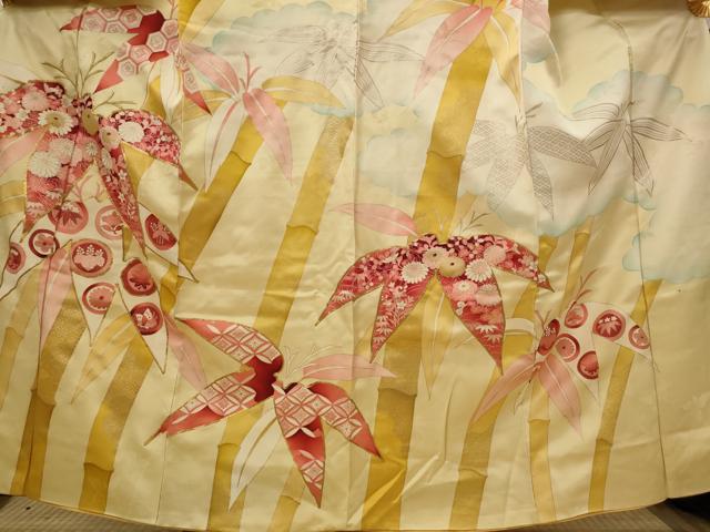 平和屋着物■小振袖　二尺袖　駒刺繍　笹竹文　金糸　銀彩　正絹　逸品　AABI8313st