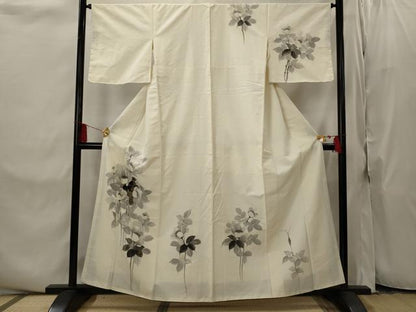 平和屋着物■訪問着　紬地　手描き　草花文　金彩　正絹　逸品　AABI8321st