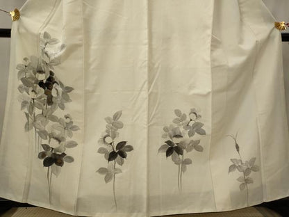 平和屋着物■訪問着　紬地　手描き　草花文　金彩　正絹　逸品　AABI8321st