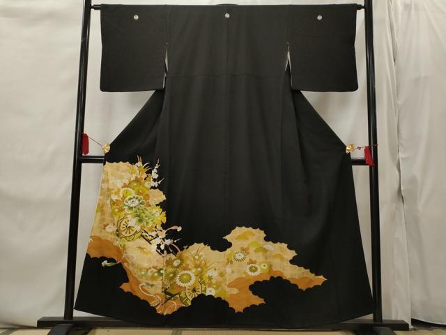 平和屋着物■豪華黒留袖　駒刺繍　花車文　金彩　金糸　正絹　逸品　AABI8326st