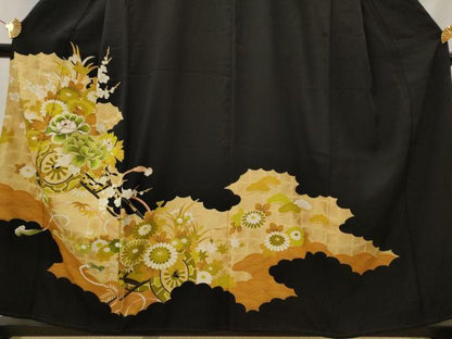 平和屋着物■豪華黒留袖　駒刺繍　花車文　金彩　金糸　正絹　逸品　AABI8326st