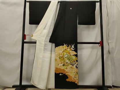 平和屋着物■豪華黒留袖　駒刺繍　花車文　金彩　金糸　正絹　逸品　AABI8326st