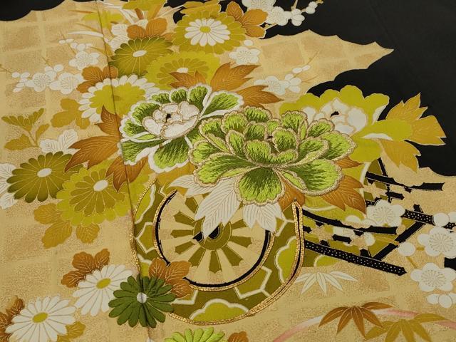 平和屋着物■豪華黒留袖　駒刺繍　花車文　金彩　金糸　正絹　逸品　AABI8326st