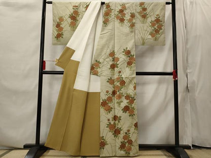 平和屋着物■訪問着　紬地　刺繍　草花文　正絹　逸品　AABI8329st