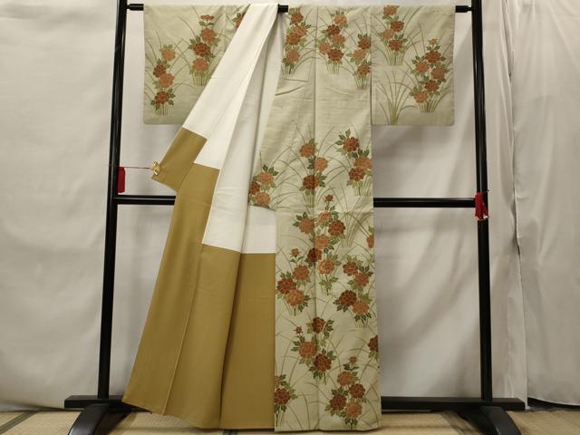 平和屋着物■訪問着　紬地　刺繍　草花文　正絹　逸品　AABI8329st