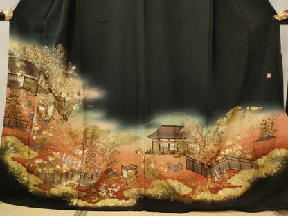 平和屋着物■豪華黒留袖　作家物　人物風景文　暈し染め　金彩　正絹　逸品　AABI8336st