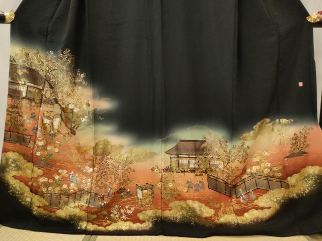 平和屋着物■豪華黒留袖　作家物　人物風景文　暈し染め　金彩　正絹　逸品　AABI8336st